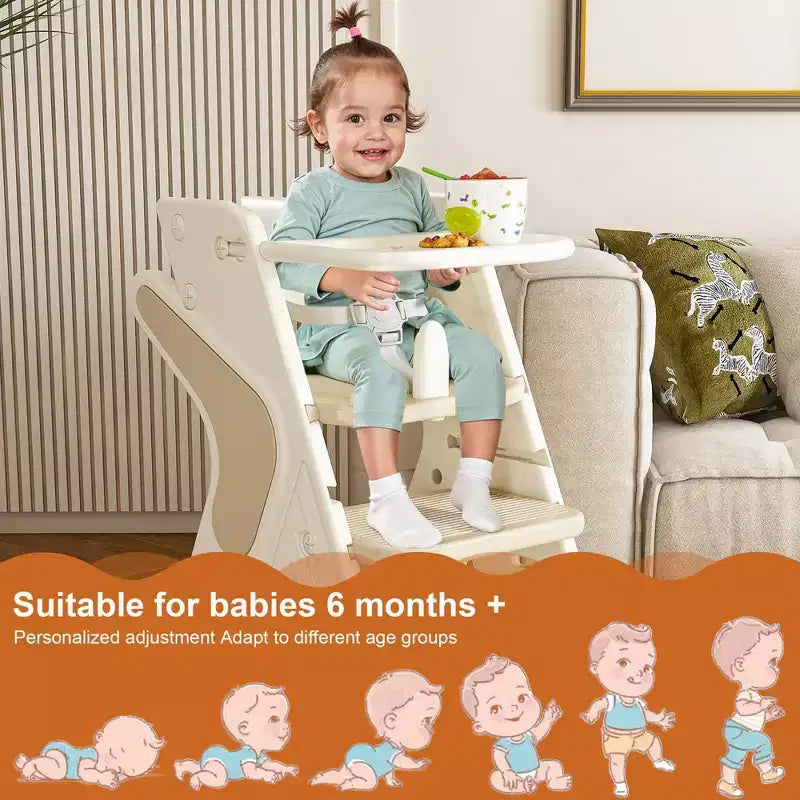 Chaise haute multifonctionnelle pour tout-petits, tour d'apprentissage réglable en hauteur avec harnais à 5 points et grand plateau amovible pour l'alimentation et les repas