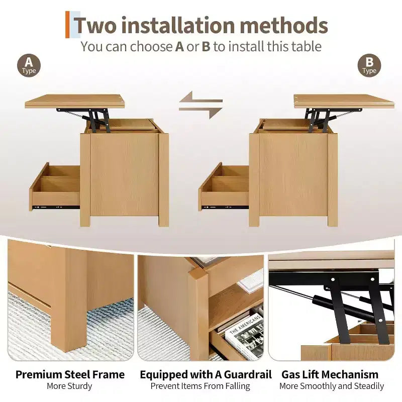 Table Basse Relevable Transformable, Se Convertit en Table à Manger ou Bureau avec Grand Espace de Rangement