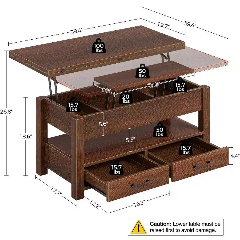Table Basse Relevable Transformable, Se Convertit en Table à Manger ou Bureau avec Grand Espace de Rangement