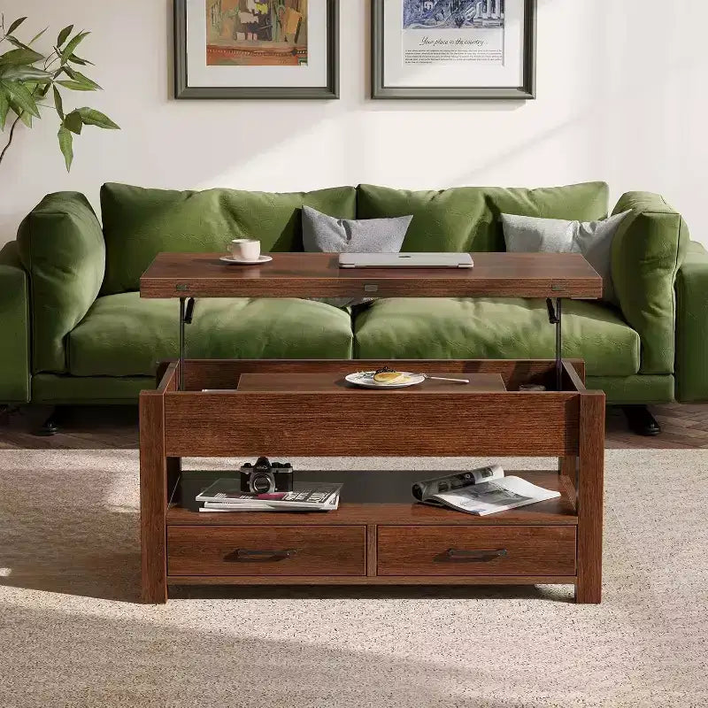 Table Basse Relevable Transformable, Se Convertit en Table à Manger ou Bureau avec Grand Espace de Rangement