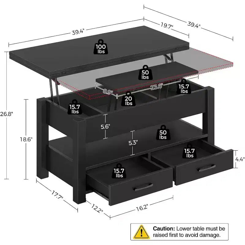 Table Basse Relevable Transformable, Se Convertit en Table à Manger ou Bureau avec Grand Espace de Rangement