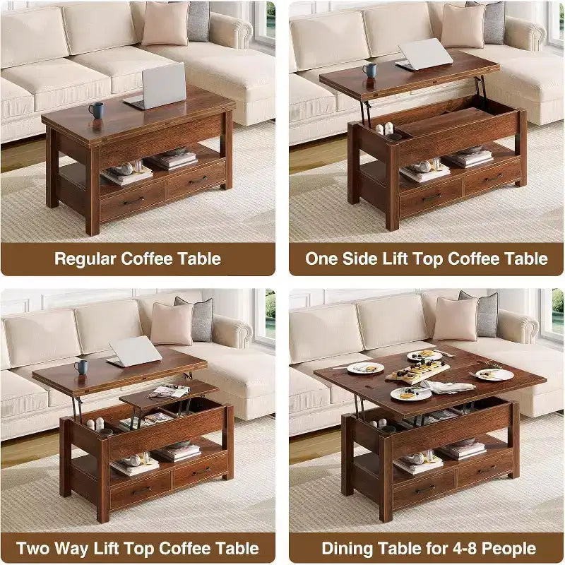 Table Basse Relevable Transformable, Se Convertit en Table à Manger ou Bureau avec Grand Espace de Rangement