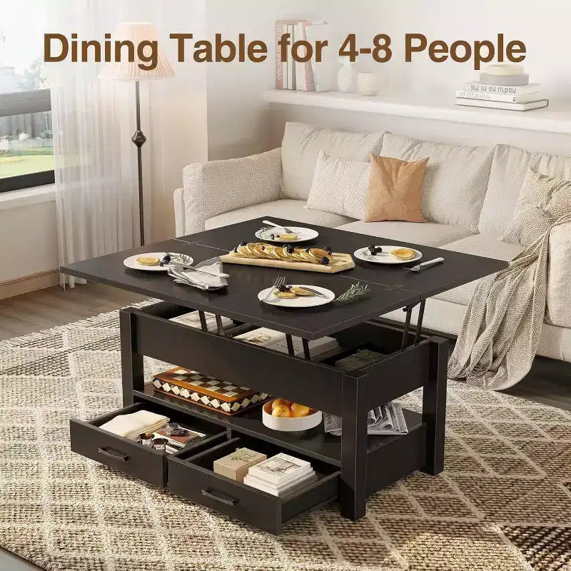 Table Basse Relevable Transformable, Se Convertit en Table à Manger ou Bureau avec Grand Espace de Rangement