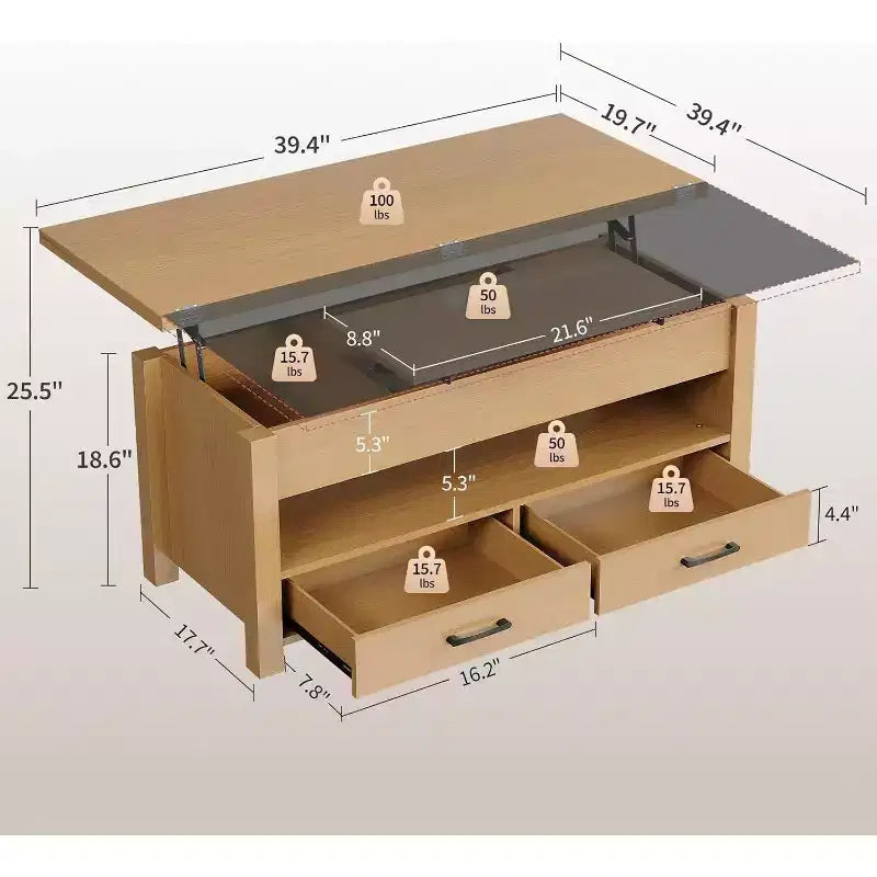 Table Basse Relevable Transformable, Se Convertit en Table à Manger ou Bureau avec Grand Espace de Rangement