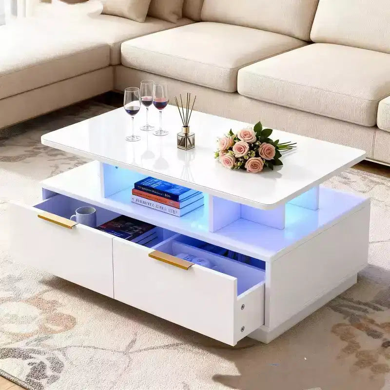 Coffee Table, Modern Rectangular Center Table with Adjustable Color Lights, 4 Drawers & Open Shelf, 35 White Sofa Table for Living Room