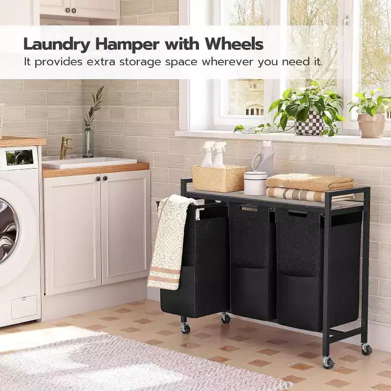 Panier à Linge Roulant à 3 Compartiments avec Roues, 43,4 L, Greige et Noir