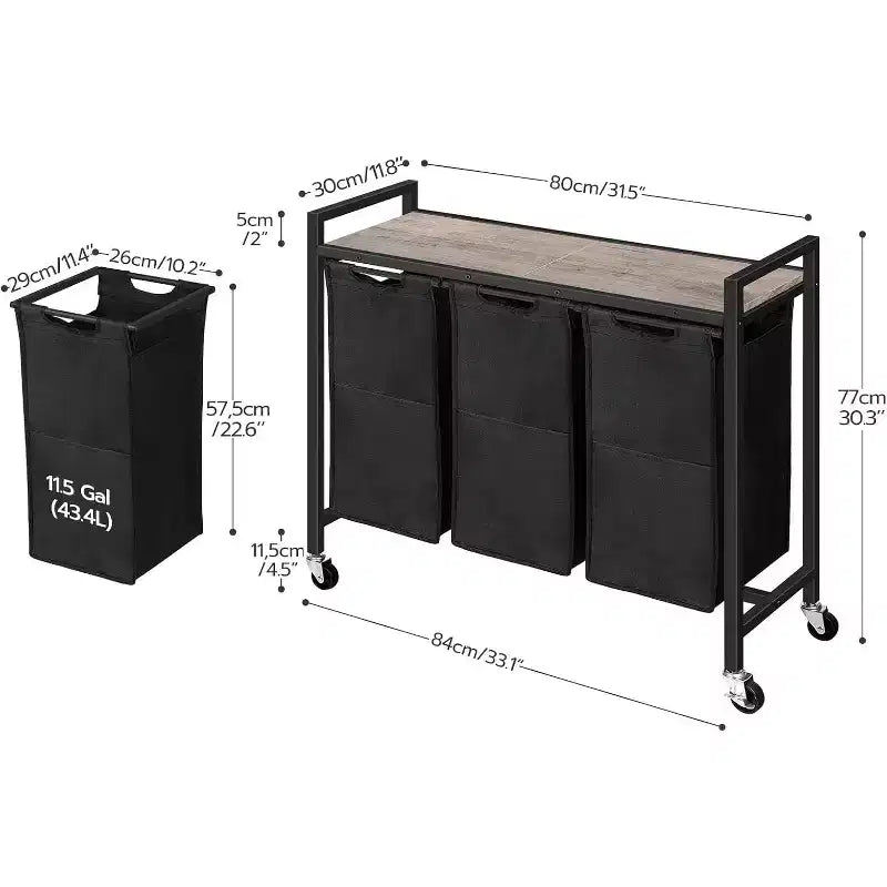 Panier à Linge Roulant à 3 Compartiments avec Roues, 43,4 L, Greige et Noir