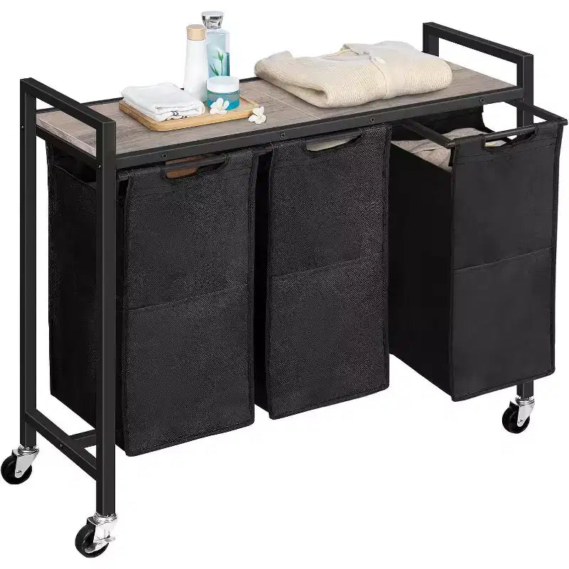 Panier à Linge Roulant à 3 Compartiments avec Roues, 43,4 L, Greige et Noir