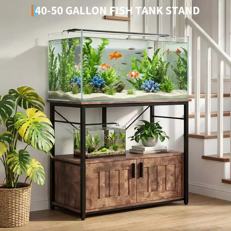 Meuble et support d'aquarium, Cadre en métal robuste avec étagère en bois pour aquariums, terrariums de tortues et de reptiles pour salon et salle à manger