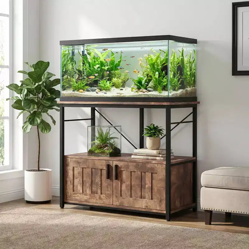 Meuble et support d'aquarium, Cadre en métal robuste avec étagère en bois pour aquariums, terrariums de tortues et de reptiles pour salon et salle à manger