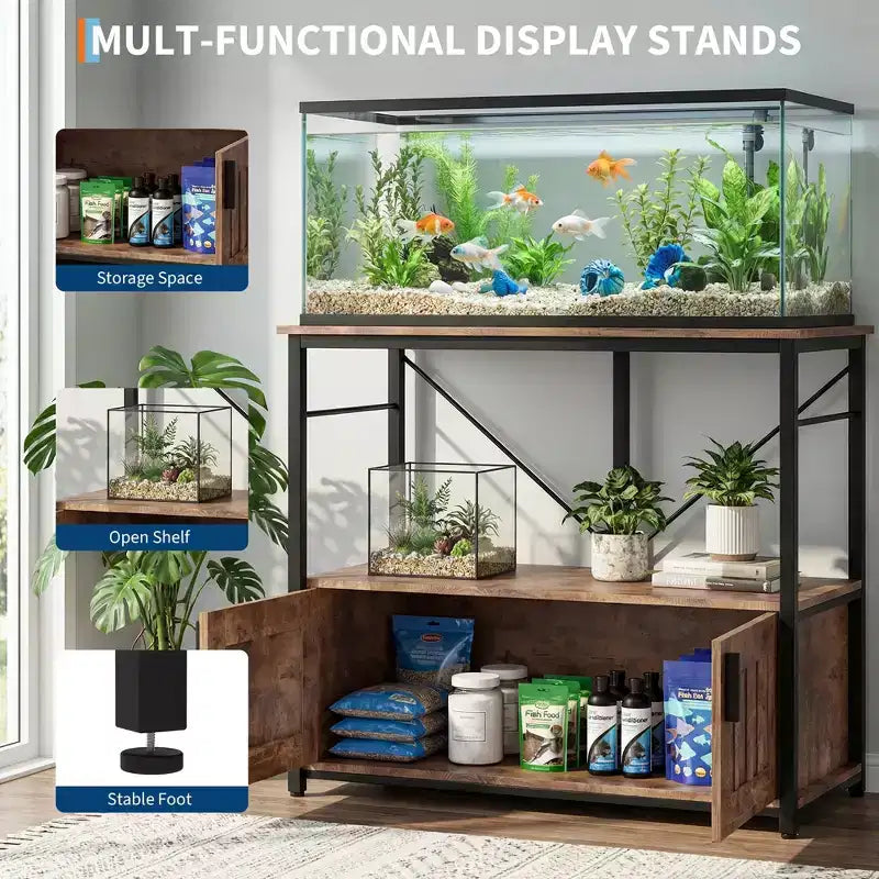 Meuble et support d'aquarium, Cadre en métal robuste avec étagère en bois pour aquariums, terrariums de tortues et de reptiles pour salon et salle à manger