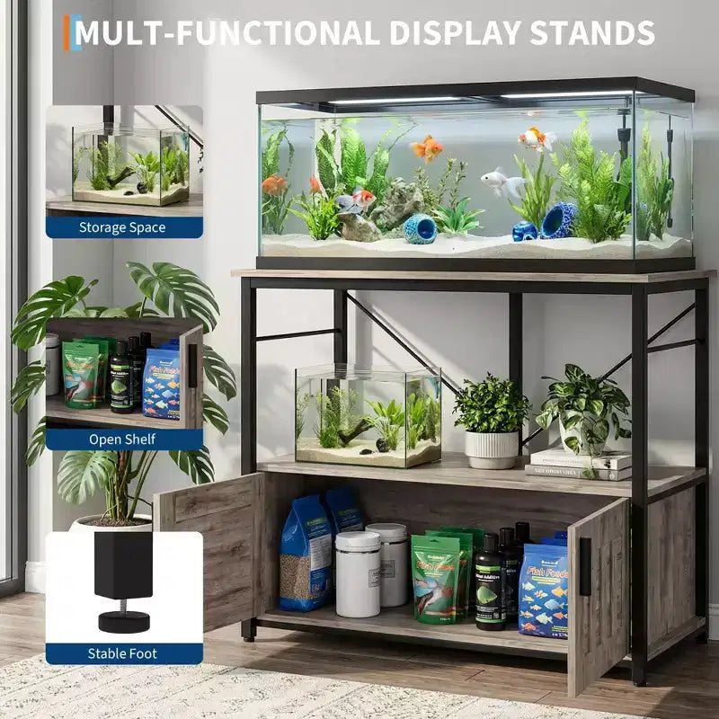 Meuble et support d'aquarium, Cadre en métal robuste avec étagère en bois pour aquariums, terrariums de tortues et de reptiles pour salon et salle à manger