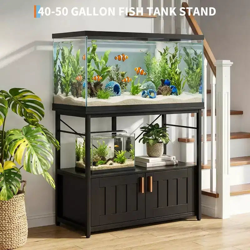 Meuble et support d'aquarium, Cadre en métal robuste avec étagère en bois pour aquariums, terrariums de tortues et de reptiles pour salon et salle à manger