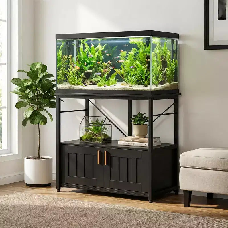 Meuble et support d'aquarium, Cadre en métal robuste avec étagère en bois pour aquariums, terrariums de tortues et de reptiles pour salon et salle à manger