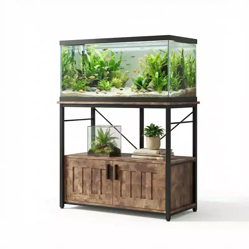 Meuble et support d'aquarium, Cadre en métal robuste avec étagère en bois pour aquariums, terrariums de tortues et de reptiles pour salon et salle à manger