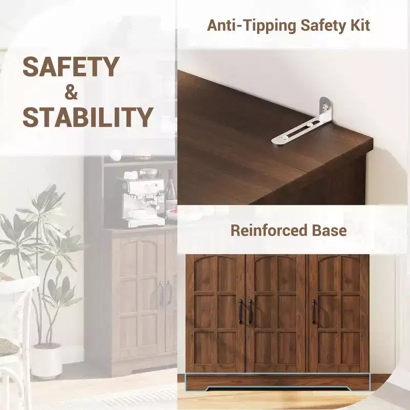 Meuble de garde-manger avec station de recharge, Armoire de cuisine de 180 cm avec portes vitrées, Grande armoire de rangement de cuisine avec huche