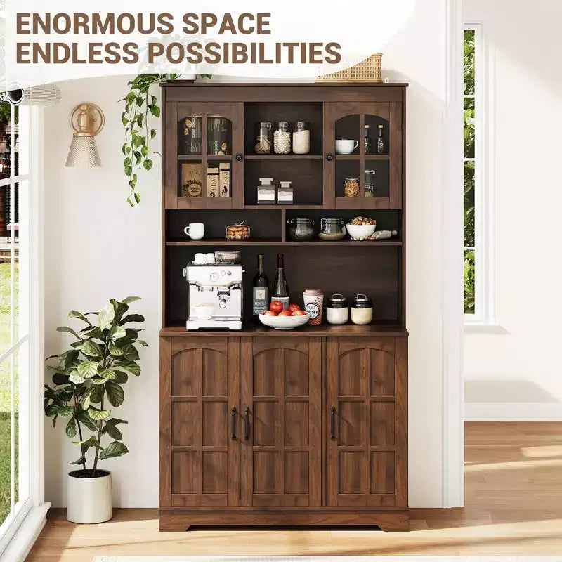 Meuble de garde-manger avec station de recharge, Armoire de cuisine de 180 cm avec portes vitrées, Grande armoire de rangement de cuisine avec huche