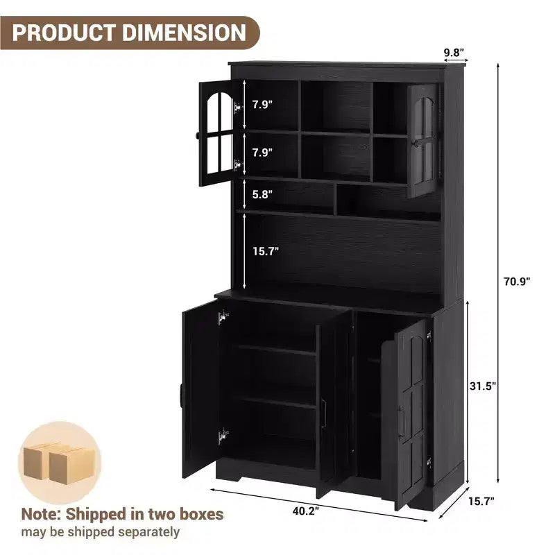 Meuble de garde-manger avec station de recharge, Armoire de cuisine de 180 cm avec portes vitrées, Grande armoire de rangement de cuisine avec huche