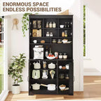 Meuble de garde-manger avec station de recharge, Armoire de cuisine de 180 cm avec portes vitrées, Grande armoire de rangement de cuisine avec huche