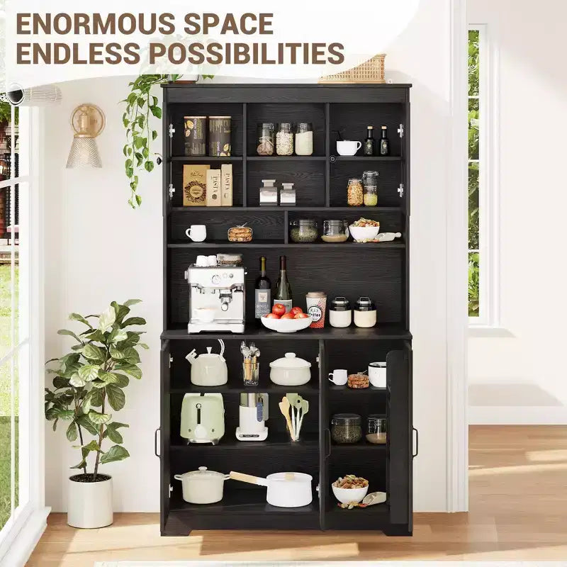 Meuble de garde-manger avec station de recharge, Armoire de cuisine de 180 cm avec portes vitrées, Grande armoire de rangement de cuisine avec huche
