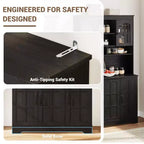 Meuble de garde-manger avec station de recharge, Armoire de cuisine de 180 cm avec portes vitrées, Grande armoire de rangement de cuisine avec huche