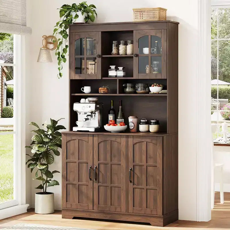 Meuble de garde-manger avec station de recharge, Armoire de cuisine de 180 cm avec portes vitrées, Grande armoire de rangement de cuisine avec huche
