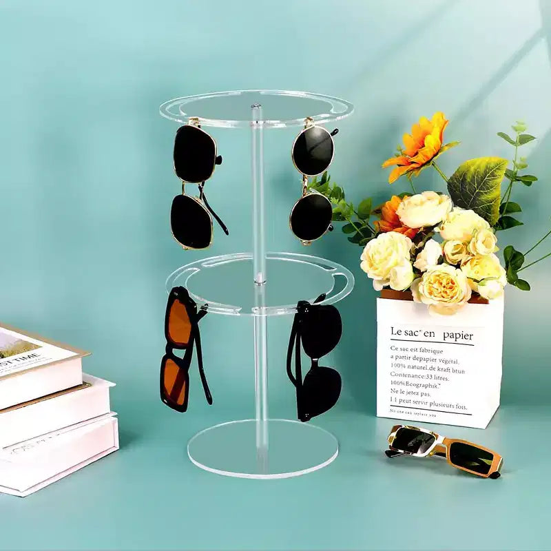 Organisateur de lunettes de soleil Support de lunettes de soleil Présentoir rotatif de lunettes de soleil avec base en bois Présentoir de rangement pour lunettes de soleil en acrylique