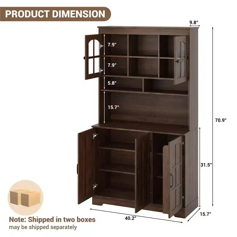Armoire de cuisine haute de 180 cm avec portes vitrées et vaisselier pour cuisine, salle à manger et salon