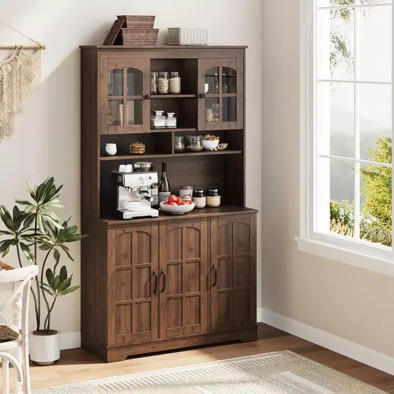Armoire de cuisine haute de 180 cm avec portes vitrées et vaisselier pour cuisine, salle à manger et salon