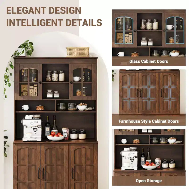 Armoire de cuisine haute de 180 cm avec portes vitrées et vaisselier pour cuisine, salle à manger et salon