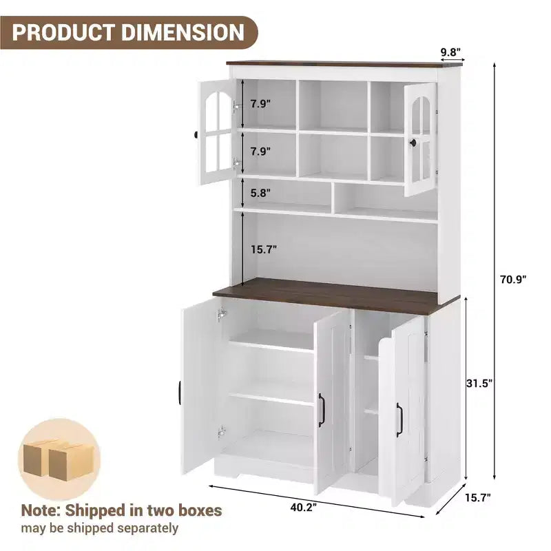 Armoire de cuisine haute de 180 cm avec portes vitrées et vaisselier pour cuisine, salle à manger et salon