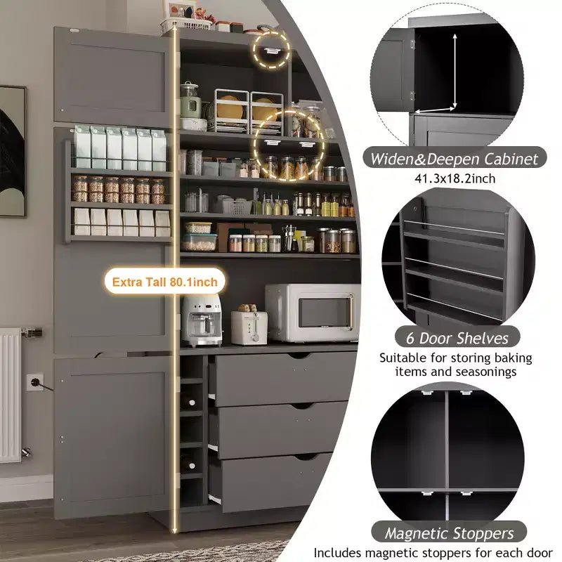 Grand garde-manger de cuisine de style Shaker avec 2 prises de courant et étagères réglables