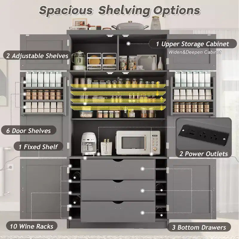 Grand garde-manger de cuisine de style Shaker avec 2 prises de courant et étagères réglables