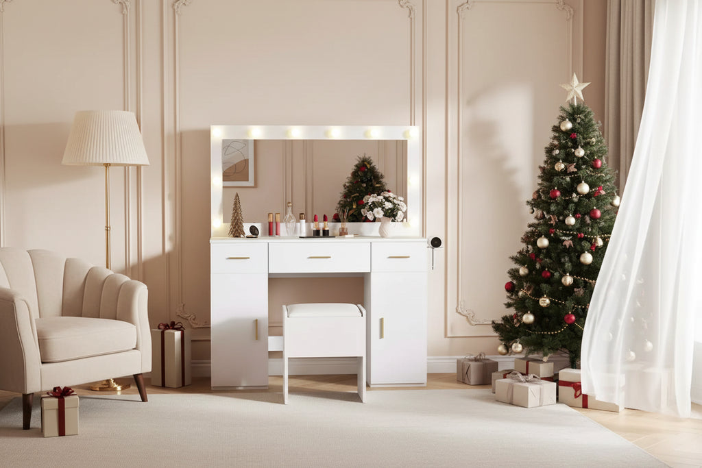 Makeup Vanity Desk with Mirror, Modern White Vanity Table with Drawers, Storage Stool, Wood Make Up Vanity Set for Bedroom Apartment
