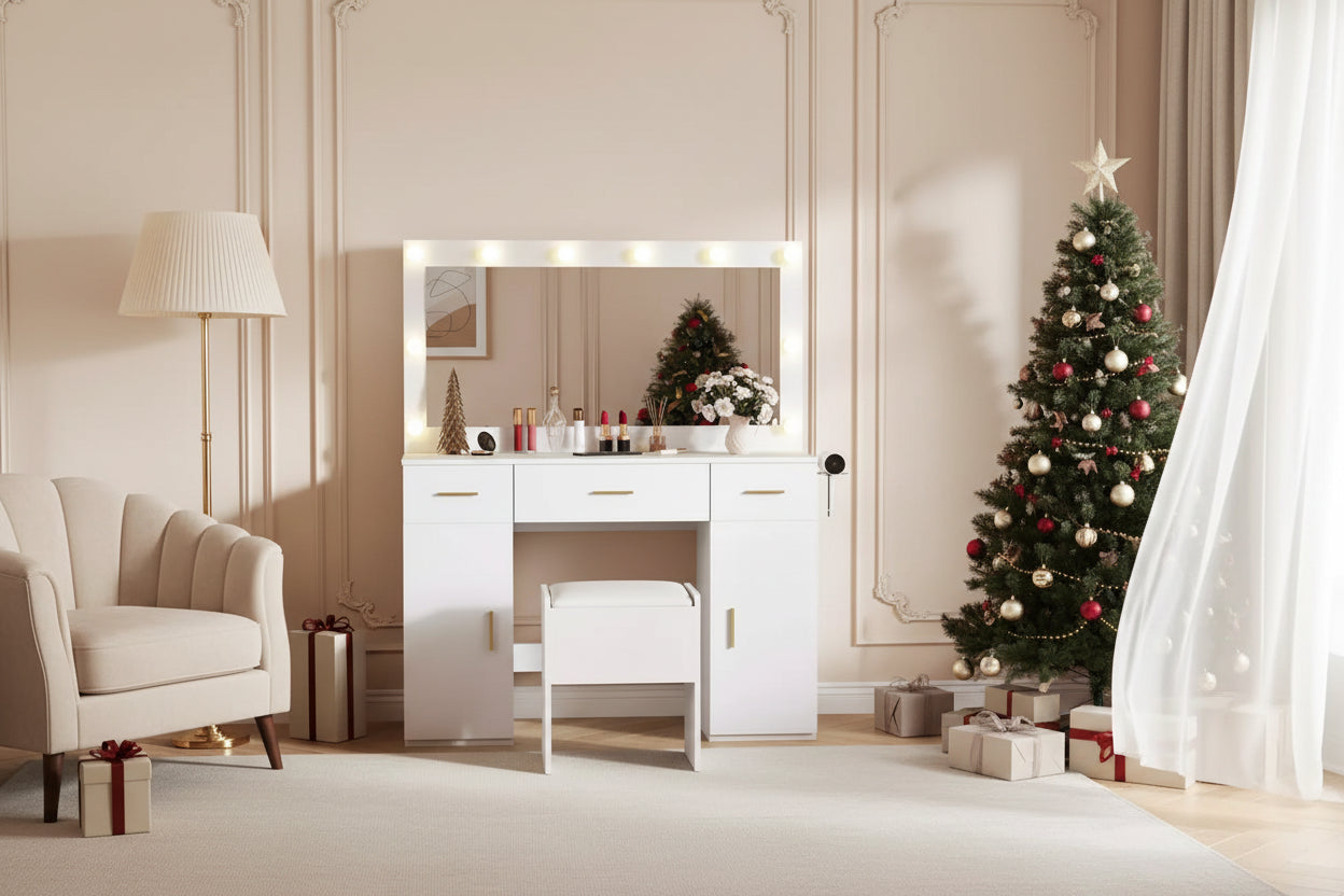 Makeup Vanity Desk with Mirror, Modern White Vanity Table with Drawers, Storage Stool, Wood Make Up Vanity Set for Bedroom Apartment