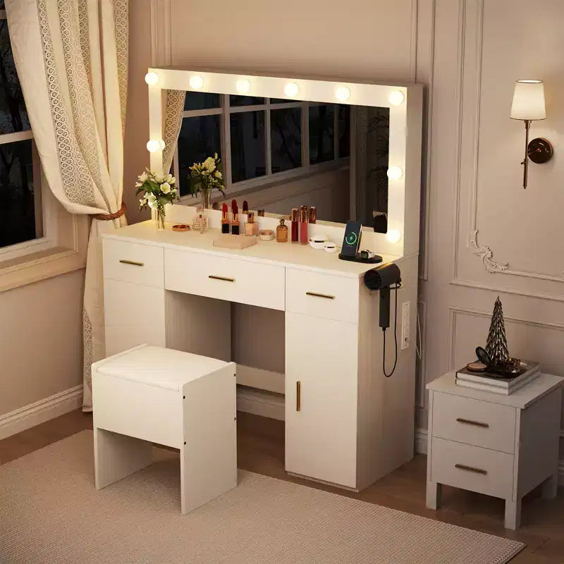 Coiffeuse avec miroir, Table de maquillage moderne blanche avec tiroirs, Tabouret de rangement, Ensemble de coiffeuse en bois pour chambre à coucher/appartement