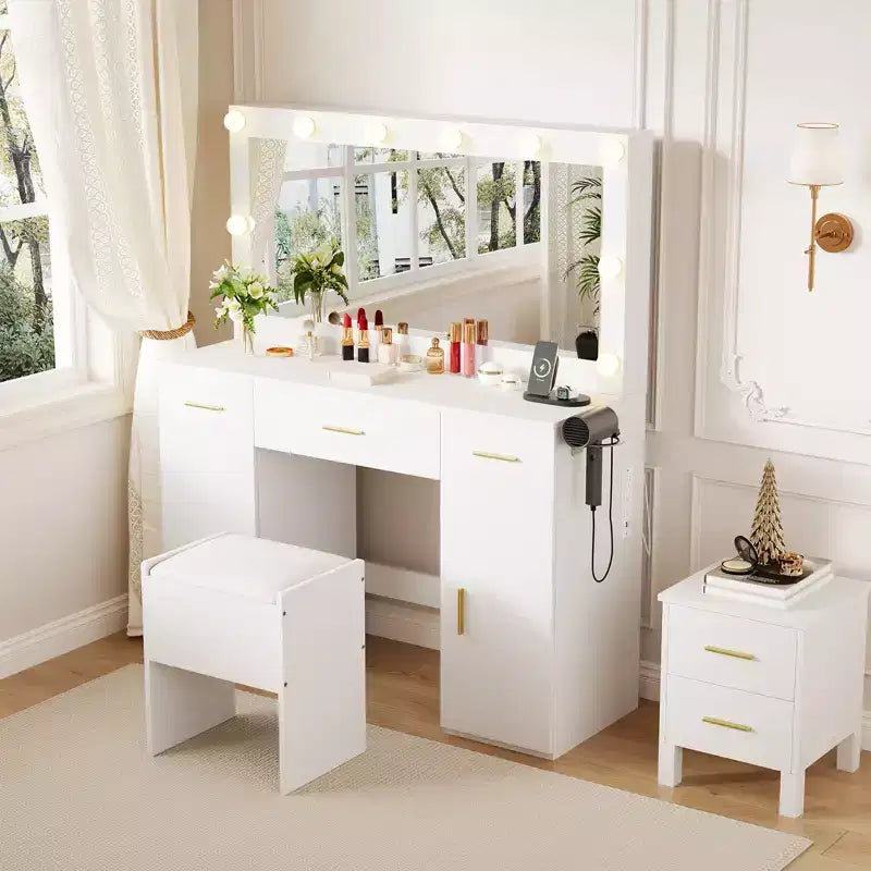 Coiffeuse avec miroir, Table de maquillage moderne blanche avec tiroirs, Tabouret de rangement, Ensemble de coiffeuse en bois pour chambre à coucher/appartement
