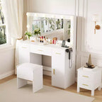 Coiffeuse avec miroir, Table de maquillage moderne blanche avec tiroirs, Tabouret de rangement, Ensemble de coiffeuse en bois pour chambre à coucher/appartement