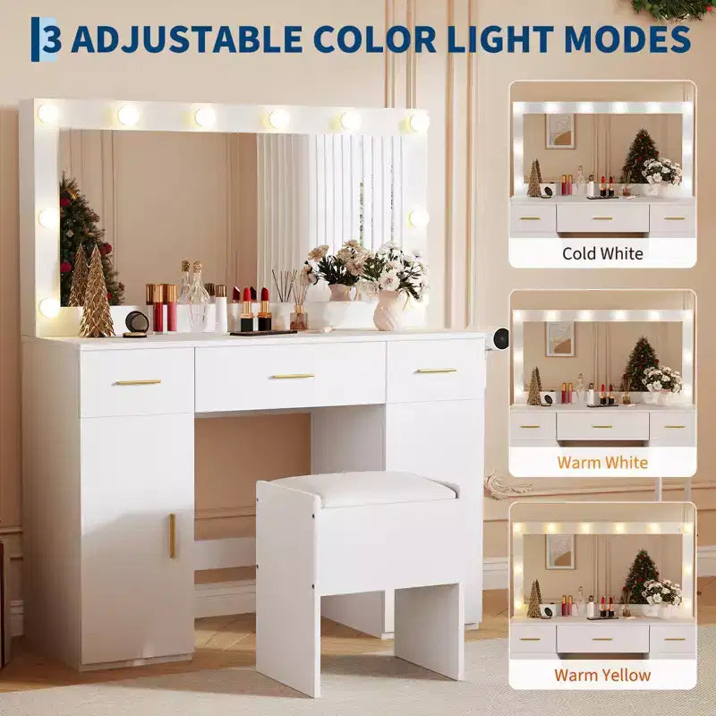 Coiffeuse avec miroir, Table de maquillage moderne blanche avec tiroirs, Tabouret de rangement, Ensemble de coiffeuse en bois pour chambre à coucher/appartement