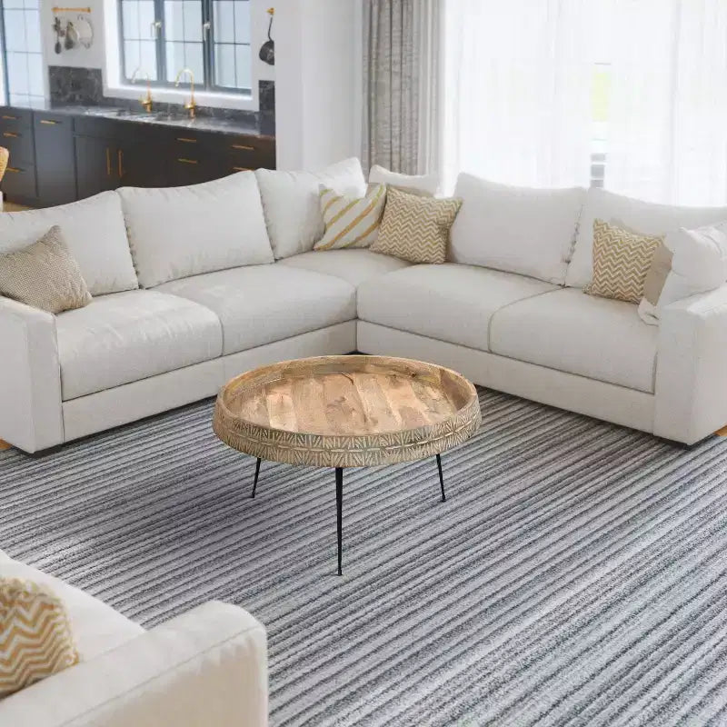 Table basse ronde fabriquée à la main de 74 cm, plateau en bois brun naturel avec pieds en fer noir