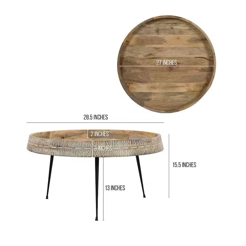 Table basse ronde fabriquée à la main de 74 cm, plateau en bois brun naturel avec pieds en fer noir