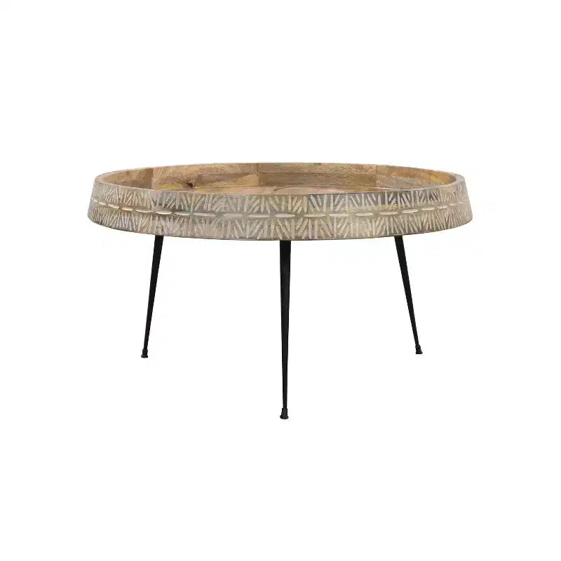 Table basse ronde fabriquée à la main de 74 cm, plateau en bois brun naturel avec pieds en fer noir