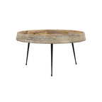 Table basse ronde fabriquée à la main de 74 cm, plateau en bois brun naturel avec pieds en fer noir