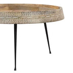 Table basse ronde fabriquée à la main de 74 cm, plateau en bois brun naturel avec pieds en fer noir