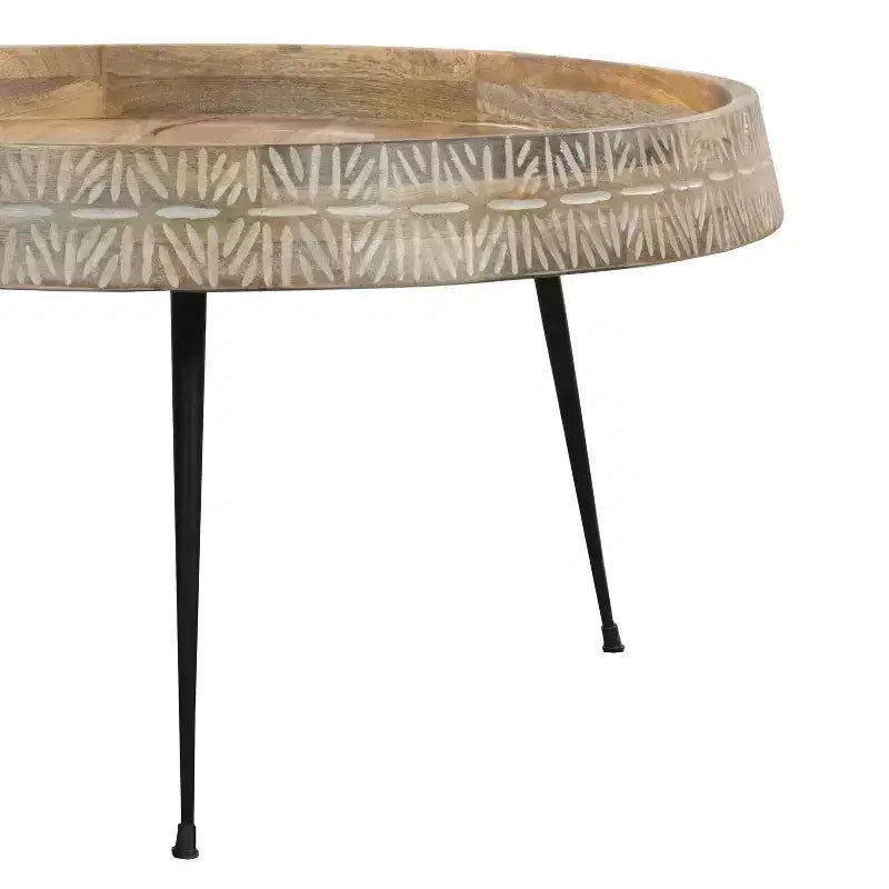 Table basse ronde fabriquée à la main de 74 cm, plateau en bois brun naturel avec pieds en fer noir