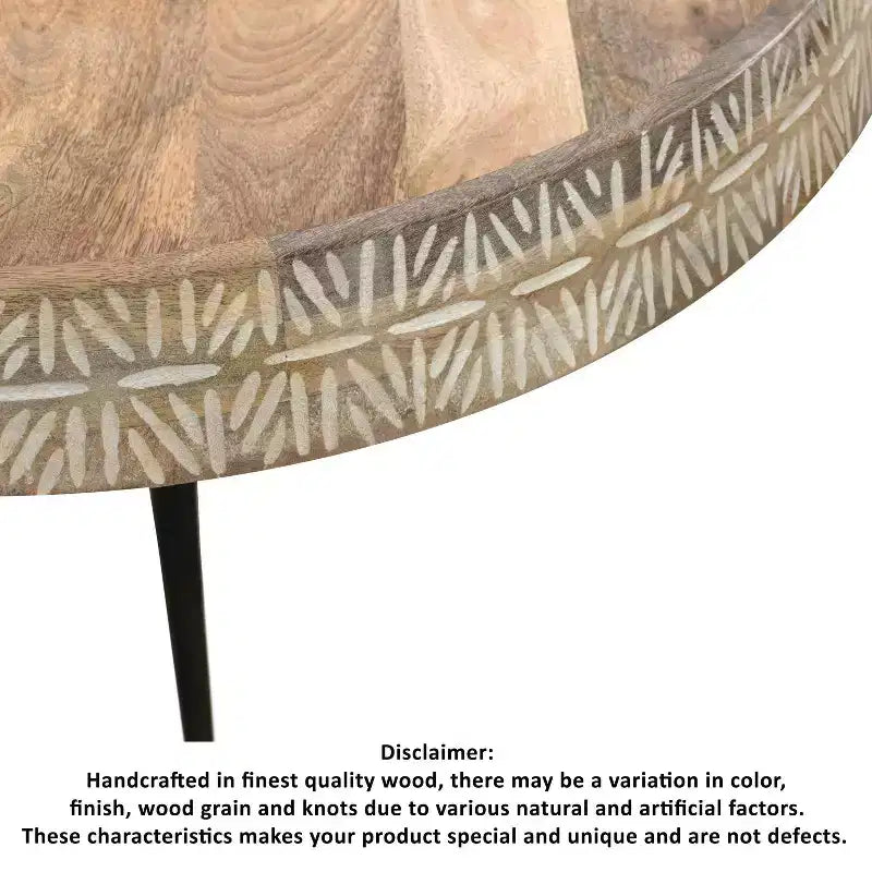 Table basse ronde fabriquée à la main de 74 cm, plateau en bois brun naturel avec pieds en fer noir