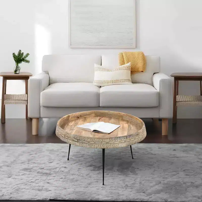 Table basse ronde fabriquée à la main de 74 cm, plateau en bois brun naturel avec pieds en fer noir