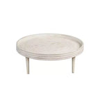 Table basse de 33" en bois de manguier massif, fabriquée à la main, ronde, rainurée, bord surélevé, blanc vieilli