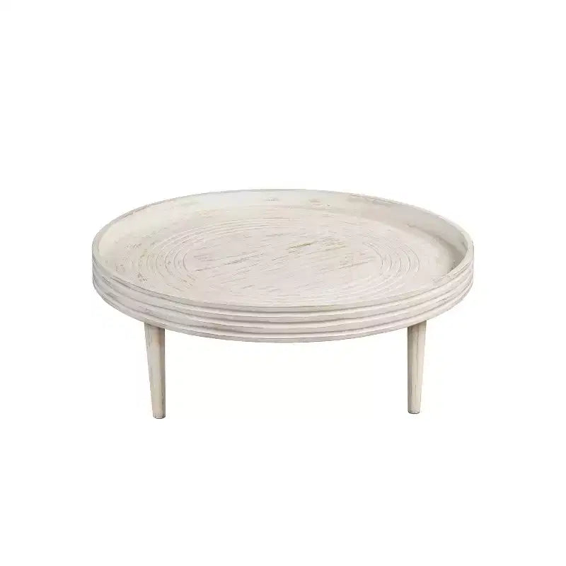 Table basse de 33" en bois de manguier massif, fabriquée à la main, ronde, rainurée, bord surélevé, blanc vieilli