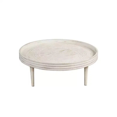 Table basse de 33" en bois de manguier massif, fabriquée à la main, ronde, rainurée, bord surélevé, blanc vieilli